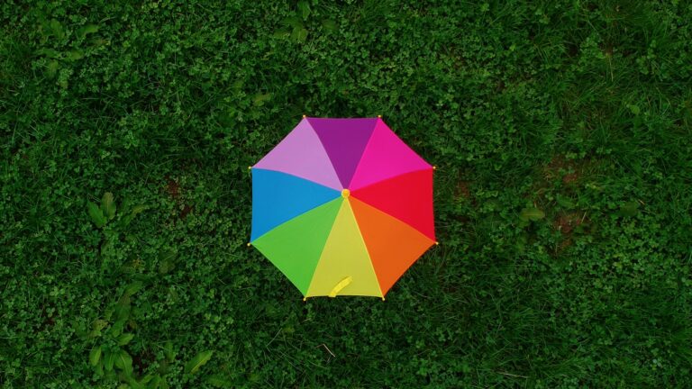 pink yellow and blue umbrella on green grass